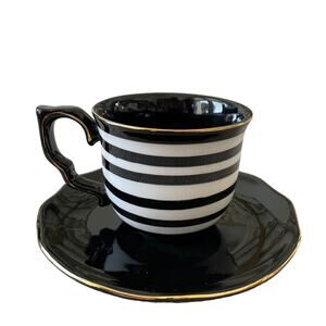 Potter's Studio Black White Striped Porcelain Teacup and Saucer Gold Accent NEW